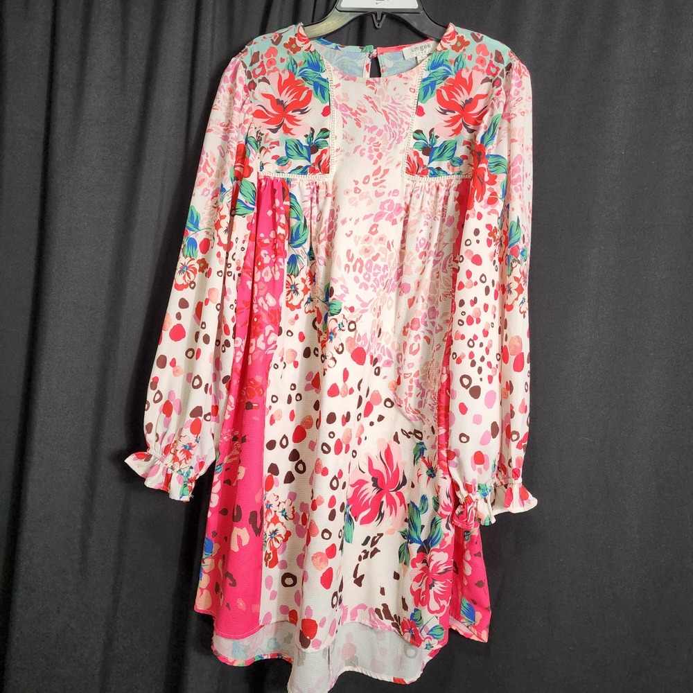 Umgee USA Mixed Floral Leopard Print Lace Trim Long Sleeve Shift Dress Small